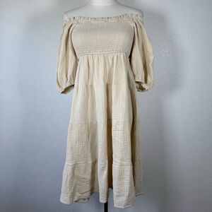 Small/mediumWomen’s casual cotton woven off shoulder mid sleeve peasant dress